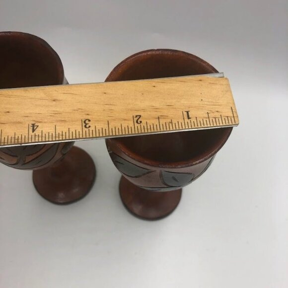 Vintage Hand Carved Wood Goblets Floral Design Collectible Set of 2 - Picture 12 of 12